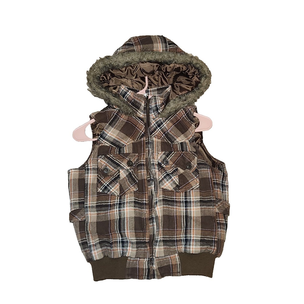 Maurices brown, beige, and black plaid cotton & polyester vest with faux fur